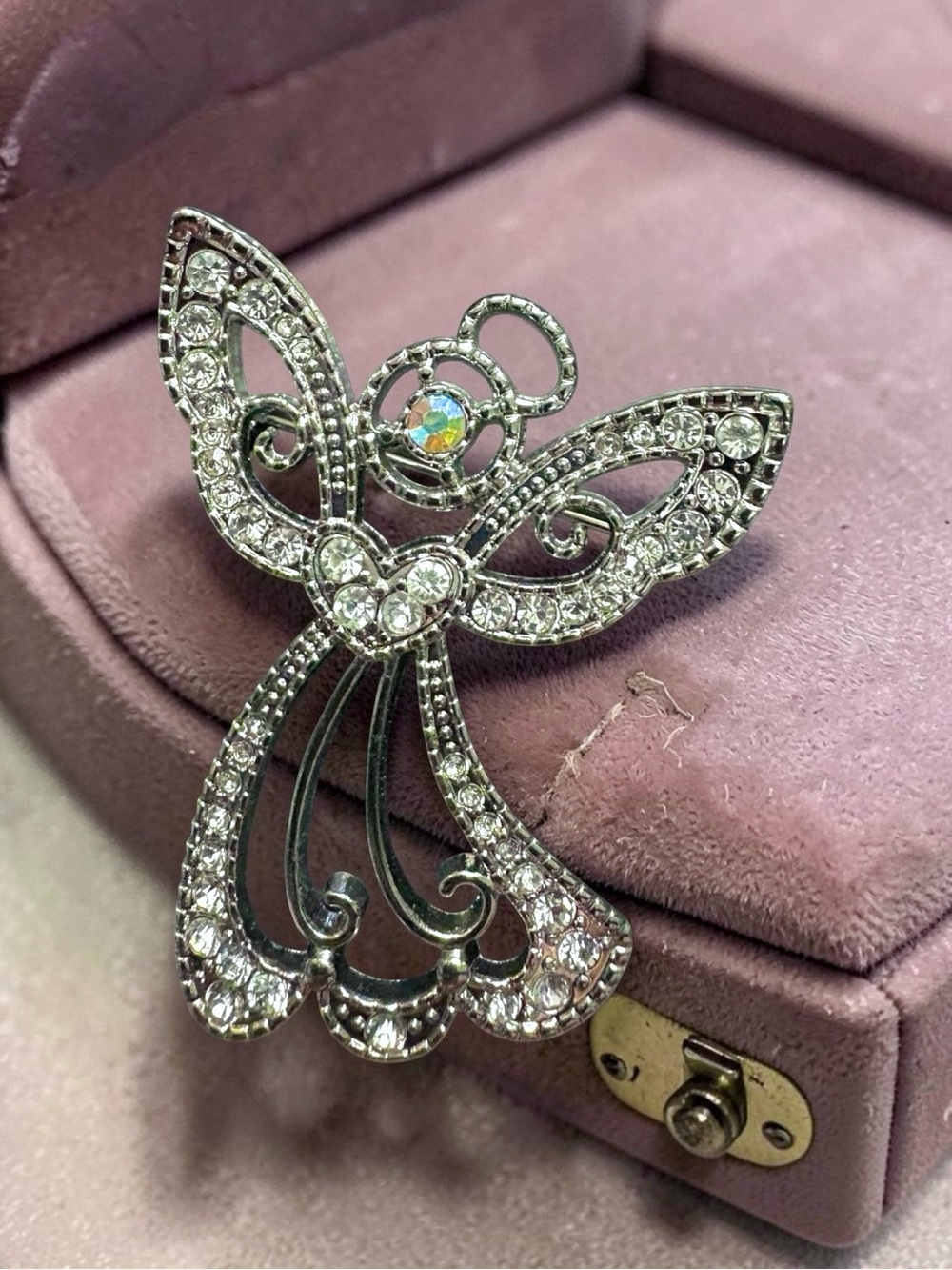 Large Vintage Silver Crystal Angel Brooch - Sparkling Clear Rhinestone